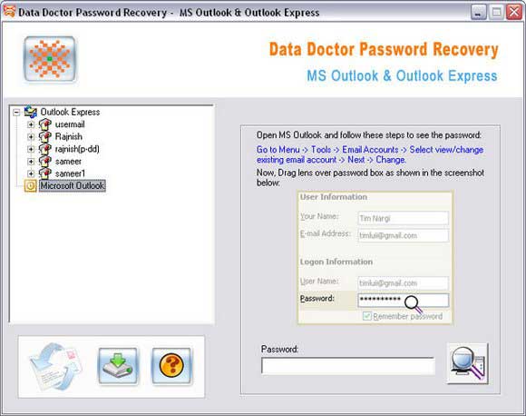 Screenshot of Outlook Express Password Unlock Tool