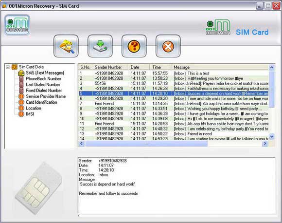 Screenshot of SIM Card Deleted SMS Recovery