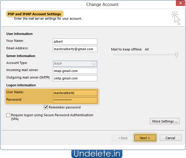 email configuration details.